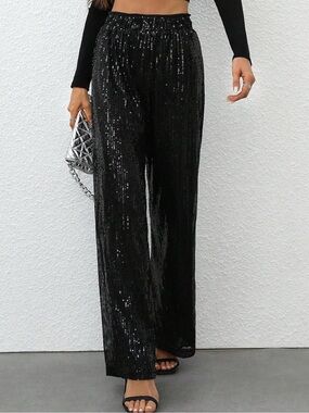 Black Sequin Pants - SMALL